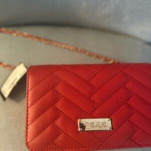 Bebe Red Quilted Crossbody Wallet with Gold Chain Trim
